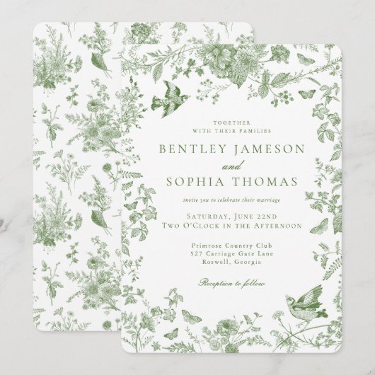 Groene Toile de Jouy Franse Bloemen Huwelijk Kaart (Voorkant / Achterkant)