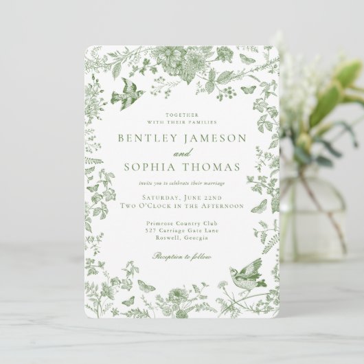 Groene Toile de Jouy Franse Bloemen Huwelijk Kaart (Staand voorkant)