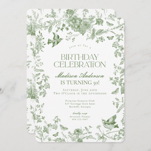 Groene Toile de Jouy Franse Bloemen Verjaardagsfee Kaart (Voorkant / Achterkant)