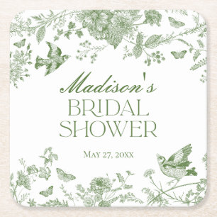 Groene Toile De Jouy Vintage Bloemige Bruidsdouche Kartonnen Onderzetters