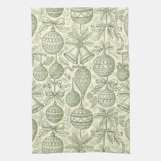 Groene Toile Kerstbellen & Ornamenten Patroon 2 Theedoek (Verticaal)