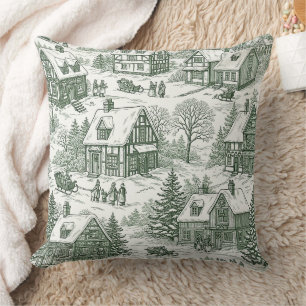 Groene Toile Vintage Kerst Dorp Patroon (2) Kussen