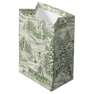 Groene Toile Vintage Kerst Dorp Patroon (3) Medium Cadeauzakje