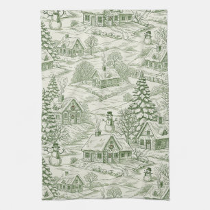 Groene Toile Vintage Kerst Dorp Patroon (3) Theedoek