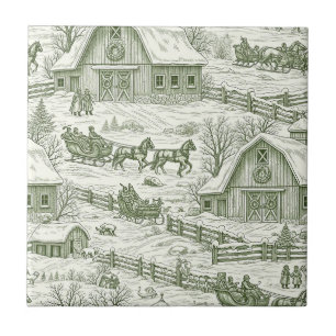 Groene Toile Vintage Kerst Dorp Patroon (4) Tegeltje