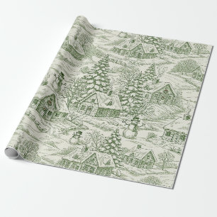 Groene Toile Vintage Kerst Dorp Patroon Cadeaupapier