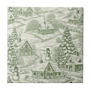 Groene Toile Vintage Kerst Dorp Patroon Tegeltje