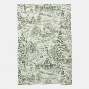 Groene Toile Vintage Kerst Dorp Patroon Theedoek
