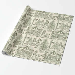 Groene Toile Vintage Kerst Dorps Scene Cadeaupapier