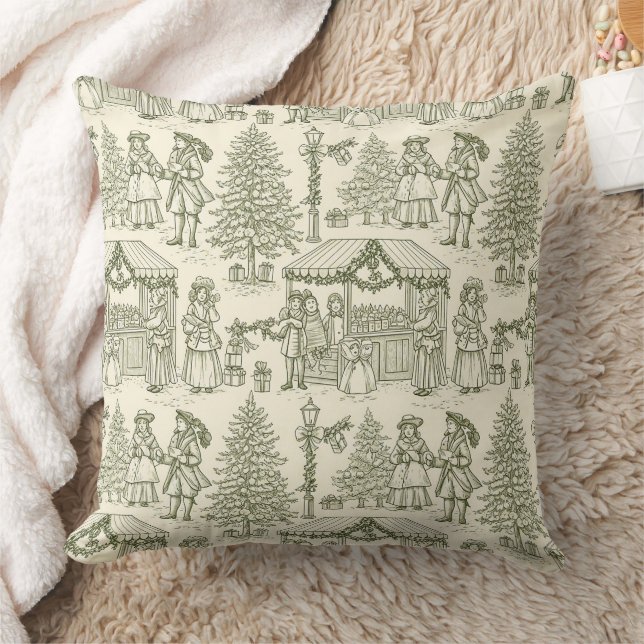 Groene Toile Vintage Kerst Dorps Scene Kussen (Deken)