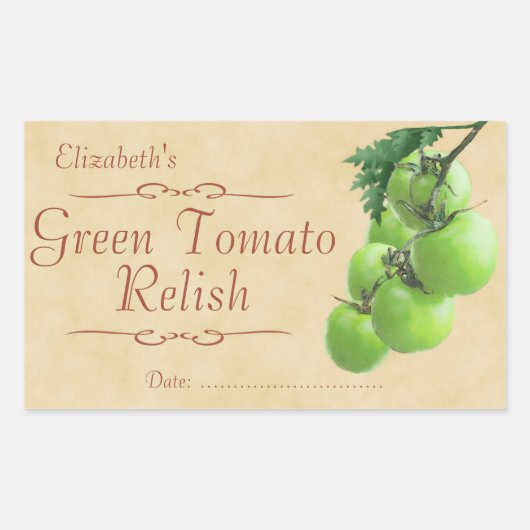 Groene tomatensaus of inblikken rechthoekige sticker (Voorkant)