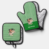 Groene Top met witte strepen Bloemen Ovenwant & Pannenlap Set (Voorkant / Achterkant)