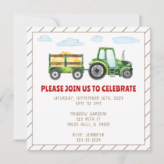 Groene tractor 1e 2e verjaardag jongen uitnodiging (Achterkant)