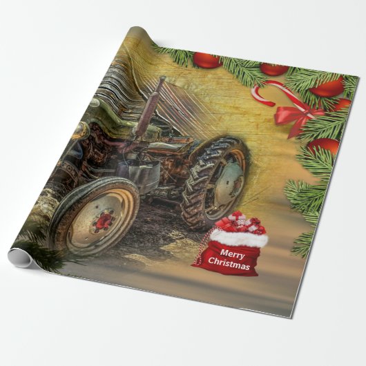  groene tractor Barn Kerstmis Cadeaupapier (Uitgerold)