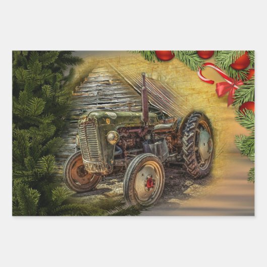 groene tractor Barn Kerstmis Inpakpapier Vel (Voorkant 3)