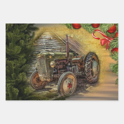 groene tractor Barn Kerstmis Inpakpapier Vel (Voorkant)