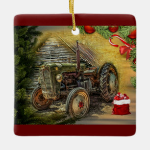  groene tractor Barn Kerstmis Keramisch Ornament