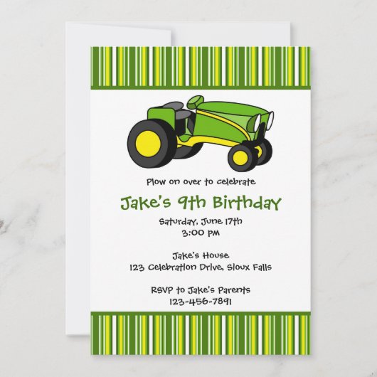 Groene Tractor Birthday Party-uitnodigingen Kaart (Voorkant)