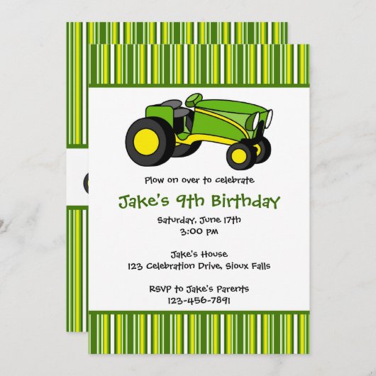 Groene Tractor Birthday Party-uitnodigingen Kaart (Voorkant / Achterkant)