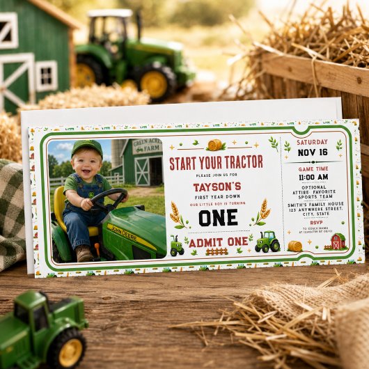 Groene Tractor Boerderij 1e Verjaardag Ticket Kaart