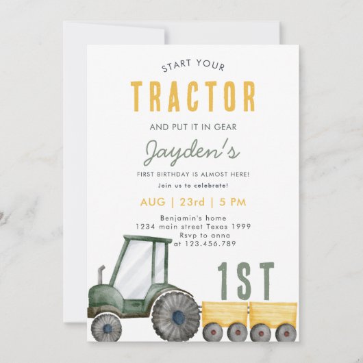 Groene Tractor Boerderij Boy 1e Verjaardag Uitnodi Kaart (Voorkant)