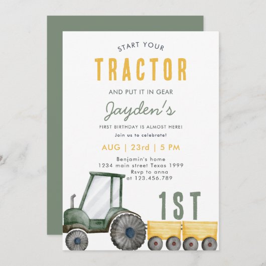 Groene Tractor Boerderij Boy 1e Verjaardag Uitnodi Kaart (Voorkant / Achterkant)