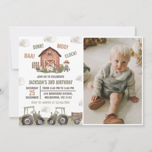 Groene tractor Boerderij Boy 3e verjaardag Party F Kaart (Voorkant)