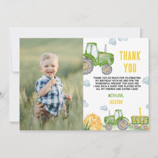 Groene Tractor Boerderij Verjaardagsfoto Dank u ka Bedankkaart (Voorkant)