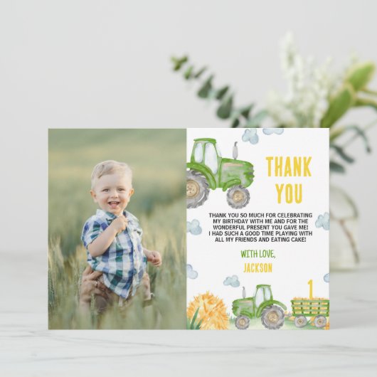 Groene Tractor Boerderij Verjaardagsfoto Dank u ka Bedankkaart (Staand voorkant)