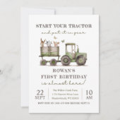 Groene tractor & boerderijdieren verjaardagsfeest kaart (Voorkant)