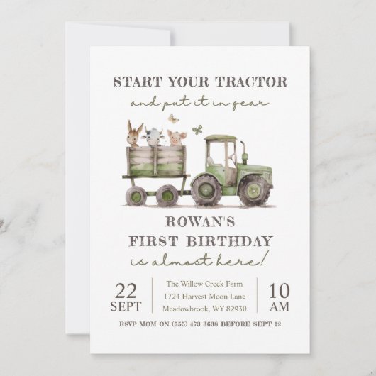 Groene tractor & boerderijdieren verjaardagsfeest kaart (Voorkant)