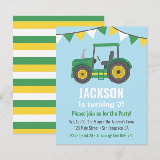 Groene Tractor Bunting Flags Boys Birthday Party Kaart (Voorkant / Achterkant)
