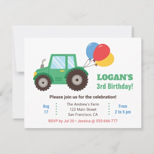 Groene tractor en ballonnen verjaardagsfeestje kaart (Voorkant)