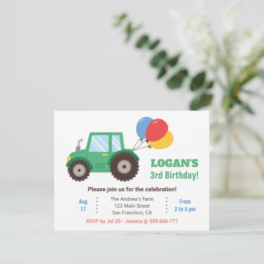 Groene tractor en ballonnen verjaardagsfeestje kaart (Staand voorkant)
