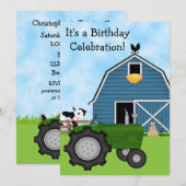 Groene tractor en blauwe schuur verjaardagsuitnodi kaart (Voorkant / Achterkant)