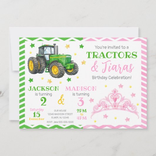 Groene Tractor en Prinses Gezamenlijke Verjaardag Kaart (Voorkant)