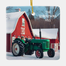 Groene Tractor en Rode Schuur Keramisch Ornament