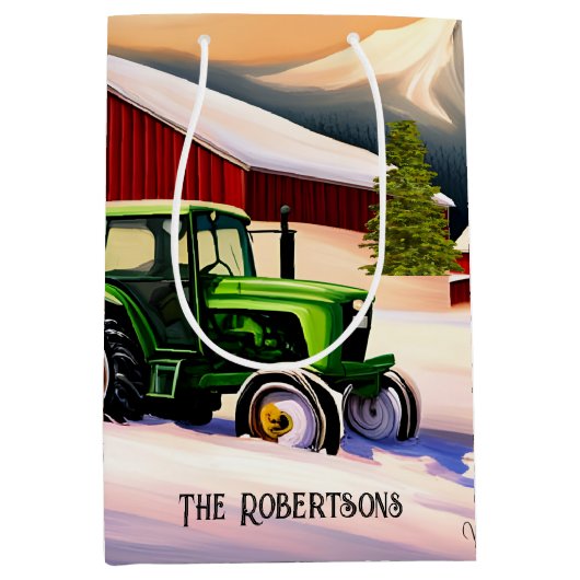 Groene Tractor en Rode Schuur Medium Cadeauzakje (Voorkant)