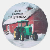 Groene Tractor en Rode Schuur Ronde Sticker (Voorkant)