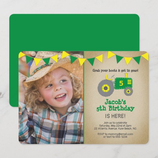  Groene Tractor Foto Verjaardagsfeest Kaart (Voorkant / Achterkant)