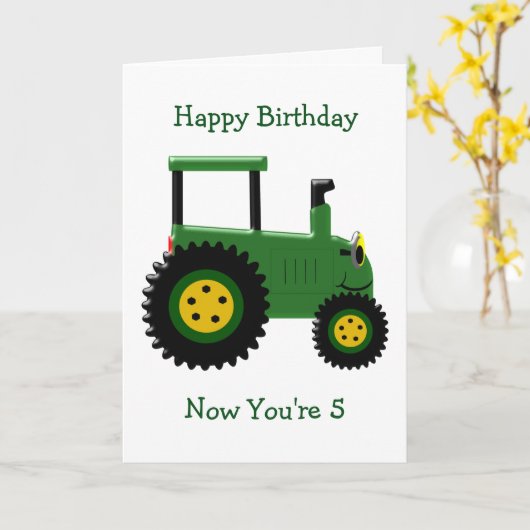 Groene Tractor Gepersonaliseerde 5e Verjaardag Kaart (Gele Bloem)