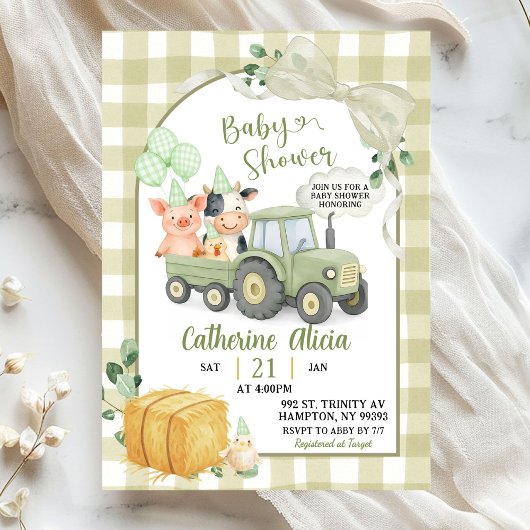 Groene Tractor Gingham Coquette Baby Shower Kaart