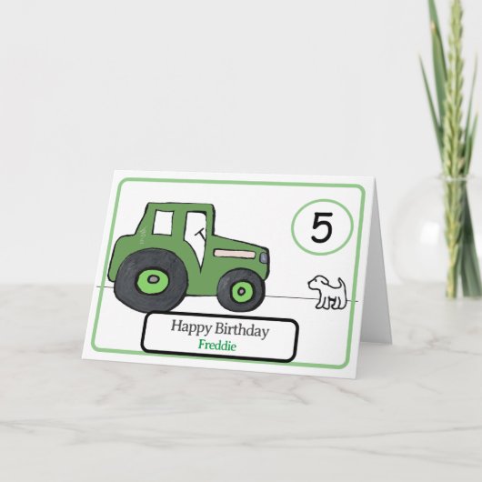 Groene tractor & hond 5e verjaardagskaart kaart (Voorkant)