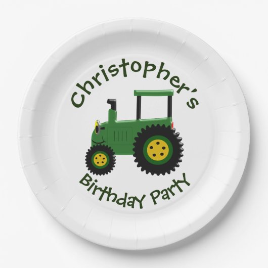 Groene tractor ontwerp gepersonaliseerde verjaarda papieren bordje (Voorkant)
