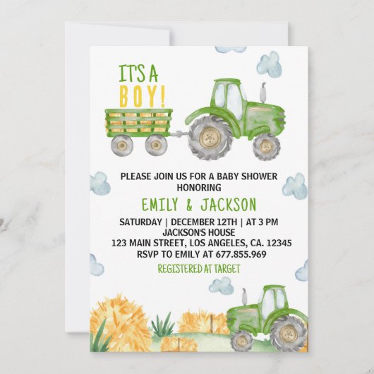 Groene Tractor Party Baby shower Uitnodiging (Voorkant)