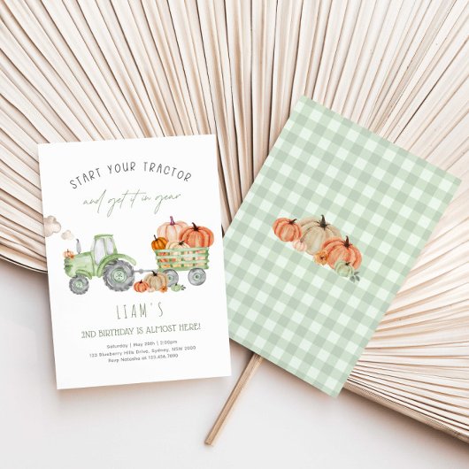 Groene tractor & pompoenen verjaardagsfeestje kaart