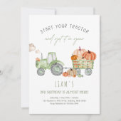 Groene tractor & pompoenen verjaardagsfeestje kaart (Voorkant)
