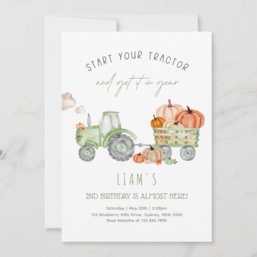 Groene tractor & pompoenen verjaardagsfeestje kaart (Voorkant)