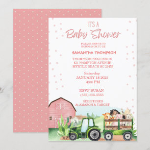 Groene tractor Roze Baby shower voor landbouwhuisd Kaart