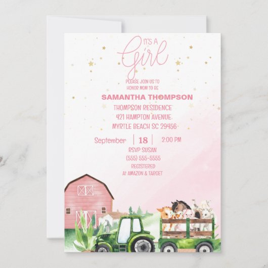 Groene tractor Roze Baby shower voor landbouwhuisd Kaart (Voorkant)